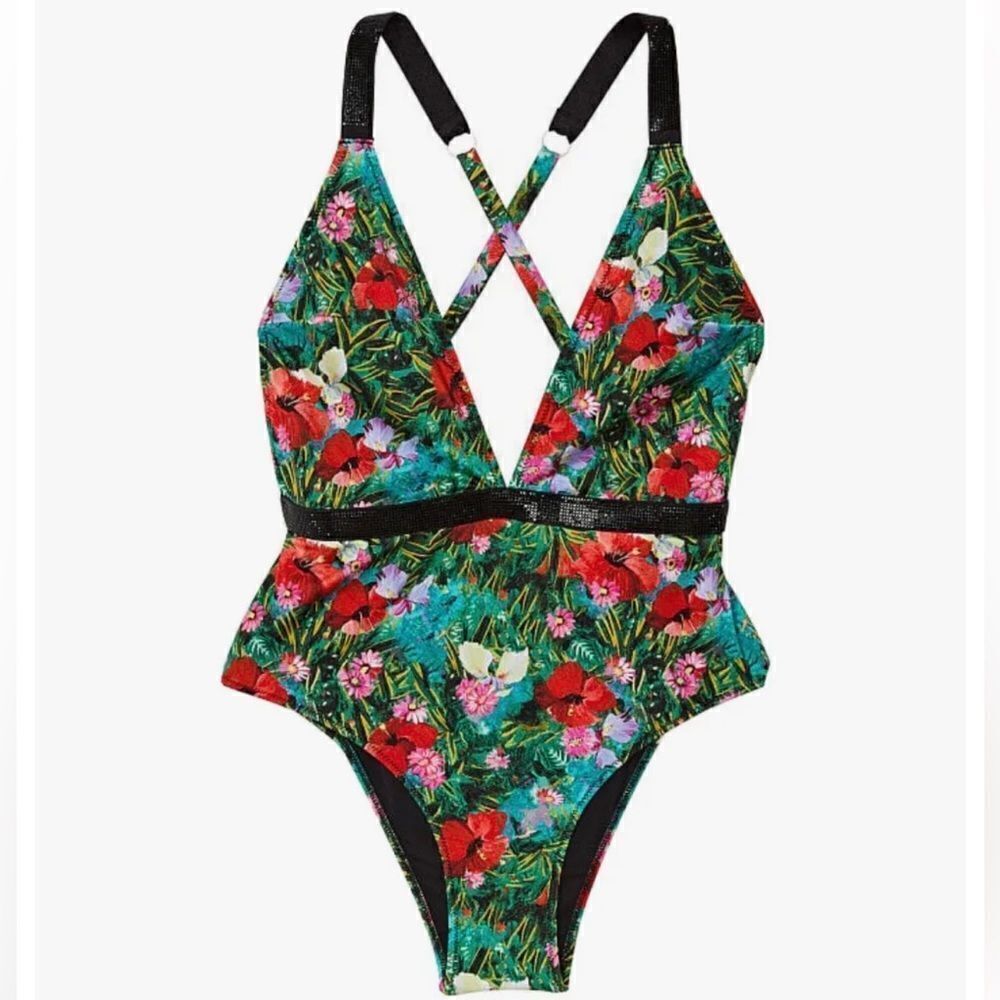 Victorias Secret Swim Bling Shine Strap Plunge One-piece Swimsuit tropical flora